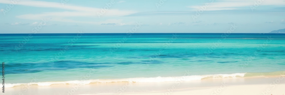 Fototapeta premium Sandy beach with crystal clear water under blue sky on a sunny day, tranquil, tropical