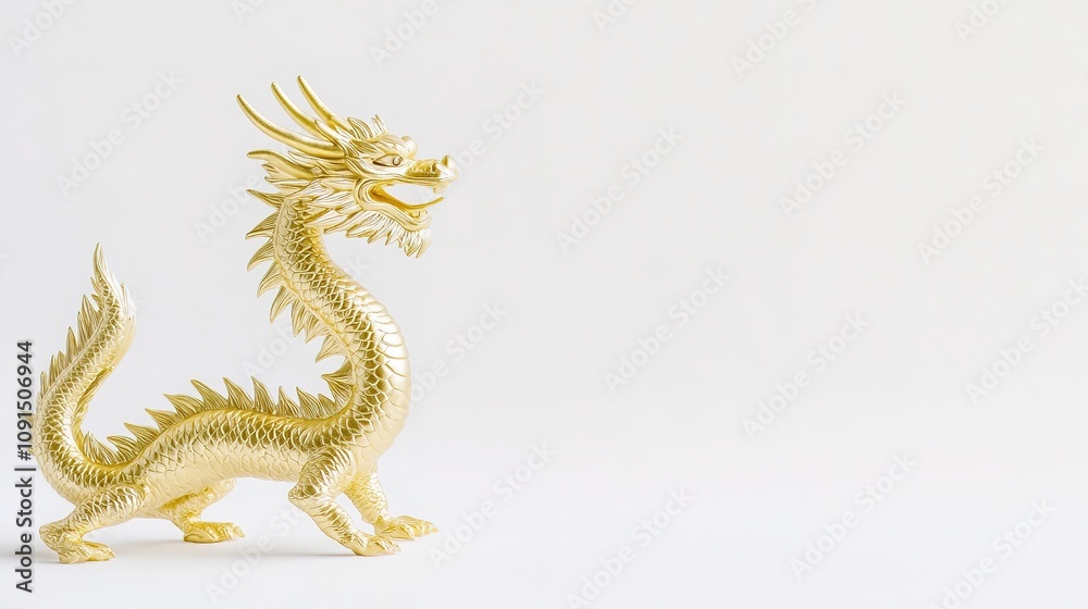 Fototapeta premium Golden dragon on a white background, mythical elegance
