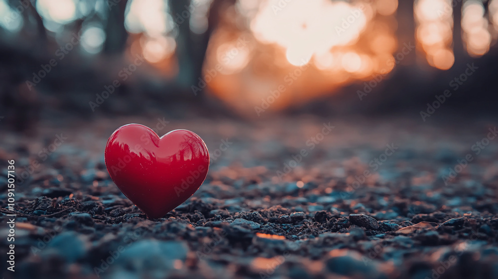 Fototapeta premium Heart shape on a gravel path at sunset creates a romantic atmosphere in nature