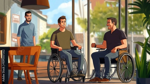 a man in a wheel chair talking to another man in a wheelchair