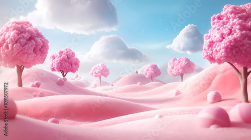 Candy-themed landscape with pink sugar-coated trees and candy hills under a blue sky. Candyland Sugar Hills. Illustration