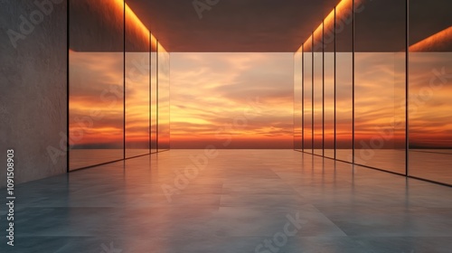 A stunning glass corridor reflects the warm fiery hues of a sunset sky, bringing forth a modern architectural masterpiece bathed in golden twilight ambiance. photo