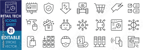 A set of line icons related to Retail Tech. Point of sale, contactless payment, smart shelves, mobile shopping, inventory management, chatbots, digital wallets, and so on. Vector editable stroke.
