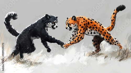 A dynamic illustration of a black jaguar and an orange cheetah engaging playfully in a snowy landscape. photo