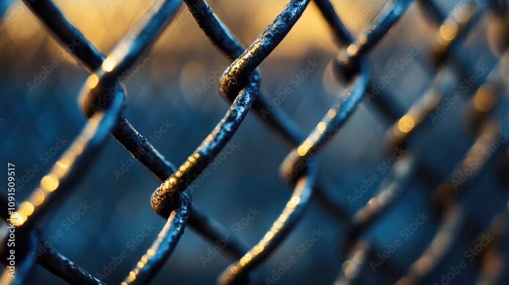 Close-up view of a reflective metallic mesh showcasing intricate links, emphasizing themes of protection and security with a blurred, atmospheric background. Close-up view of a reflective metallic mesh showcasing intricate links, emphasizing themes of protection and security with a blurred, atmospheric background.