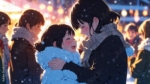 happy people play with snow in winter Christmas season in anime style