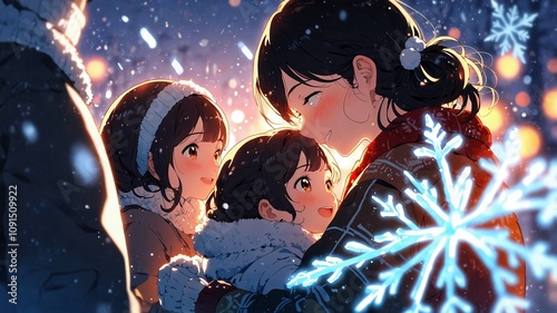 happy people play with snow in winter Christmas season in anime style