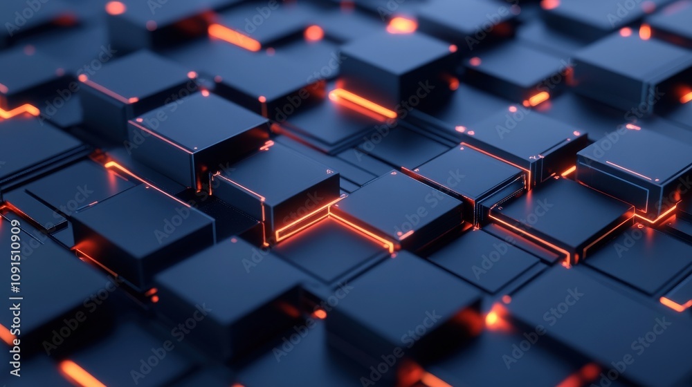 Fototapeta premium Firewalls and cybersecurity protect against security risks. Abstract Blocks with Neon Glow in a Digital Landscape