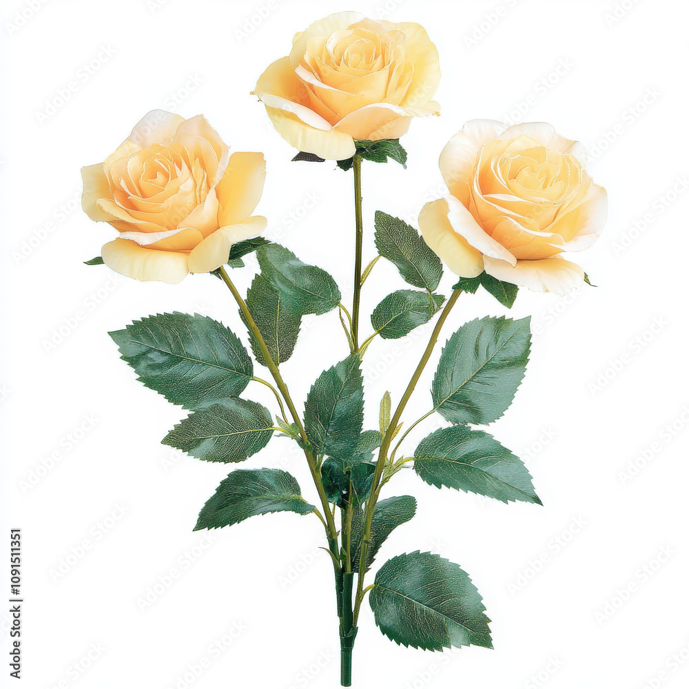 Fototapeta premium Three yellow roses in full bloom, each with long green leaves, create vibrant and cheerful display, perfect for brightening any space