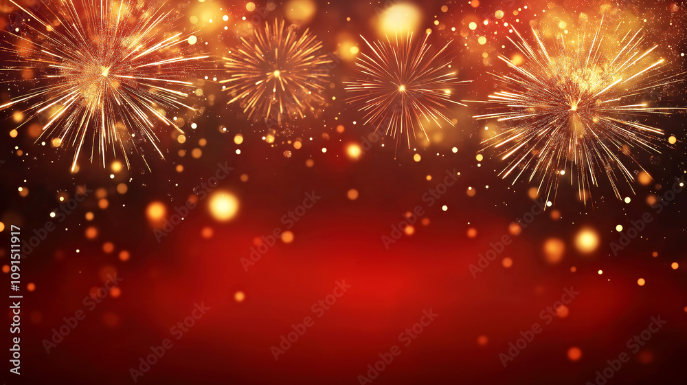Obraz premium Festive Fireworks and Bokeh Lights on Vibrant Red Background for Celebrations and Events