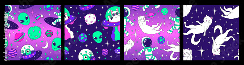 Cats, Astronaut and Alien in space cartoon vector seamless pattern