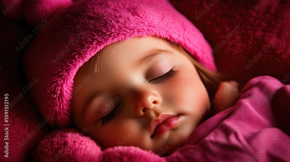 Sweet slumbering baby girl in cozy pink outfit and soft hat, peacefully resting with closed eyes, surrounded by plush textures that enhance her adorable serenity. Sweet slumbering baby girl in cozy pink outfit and soft hat, peacefully resting with closed eyes, surrounded by plush textures that enhance her adorable serenity.