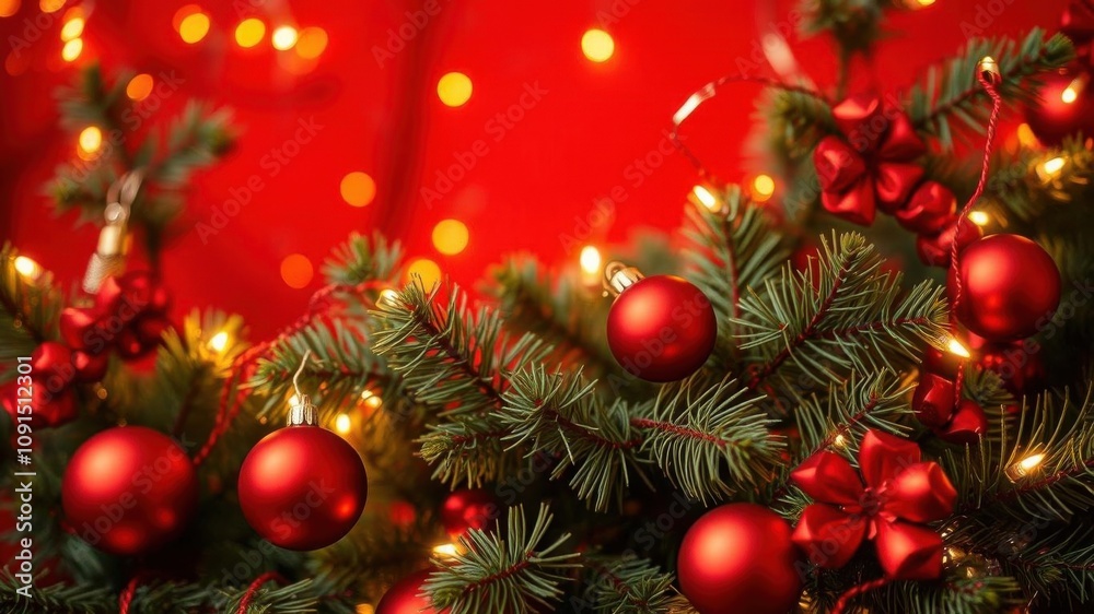 Obraz premium A festive Christmas background with shiny gold and red ornaments, evergreen branches, and glowing fairy lights, background, holiday