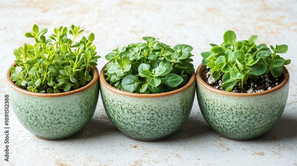 Three small green plants in decorative pots on a textured surface. Three small green plants in decorative pots on a textured surface.