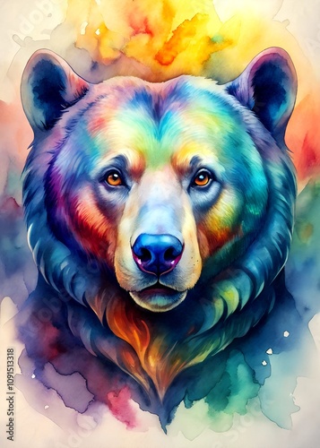 High quality, Watercolor, powerful colorful bear face
