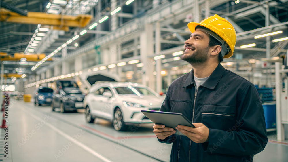 Portrait of happy worker engineer with yellow helmet holding tablet at car factory, industry operative, people at work