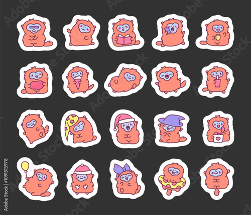 Set of cute kawaii golden snub nosed monkey cartoon characters for kids design with funny adorable furry animals in outline vector style illustrations bundle pack collection