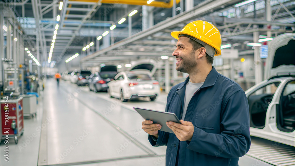 Portrait of happy worker engineer with yellow helmet holding tablet at car factory, industry operative, people at work