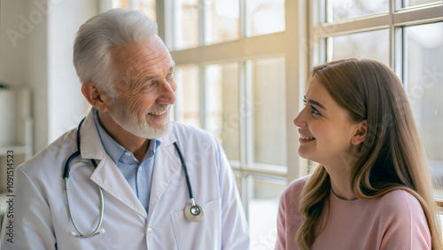 Obraz na płótnie Portrait of elderly handsome doctor talking to young female patient in hospital, people at work, health concept w salonie