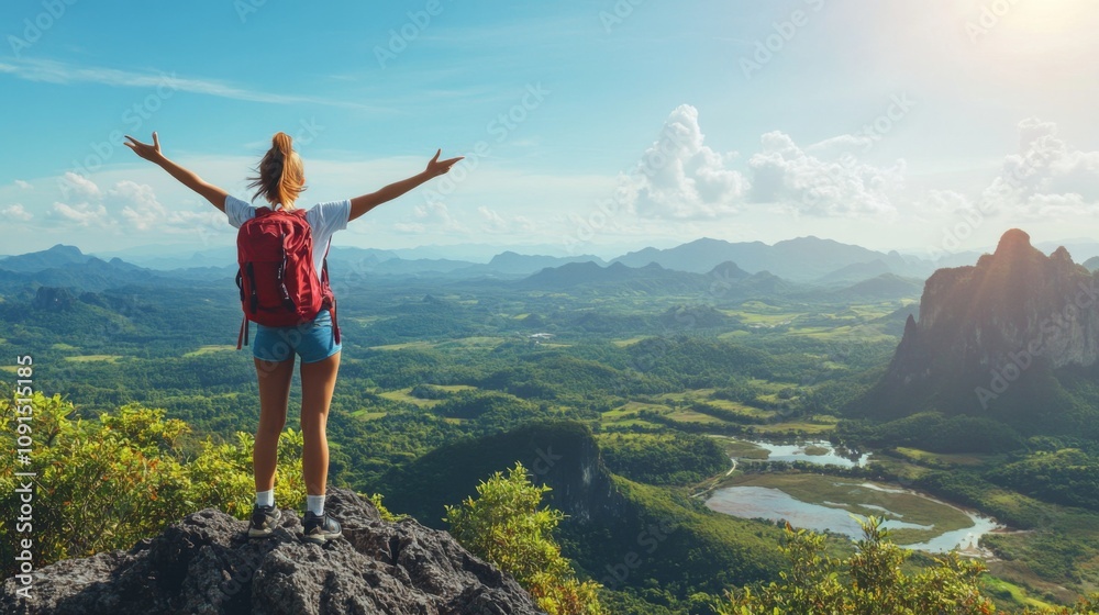 Fototapeta premium Majestic Mountaintop View: A Woman's Triumphant Journey