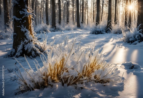 Ice with golden flecks reflecting sunlight in a magical winter forest, AI Generated