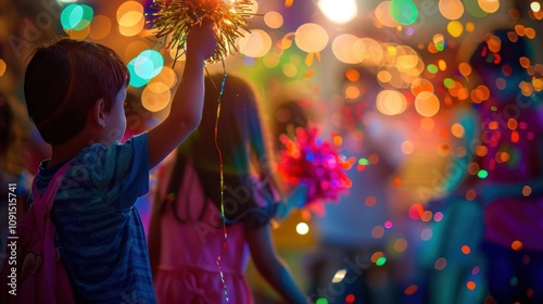 Faint image of children pulling candy out of a piÃ±ata as others dance and sing karaoke. photo