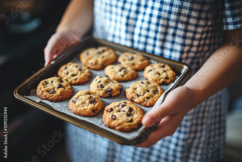 A child in a checkered apron proudly holds a baking tray filled with warm chocolate chip cookies, embodying creativity and warmth in a homely kitchen setting.