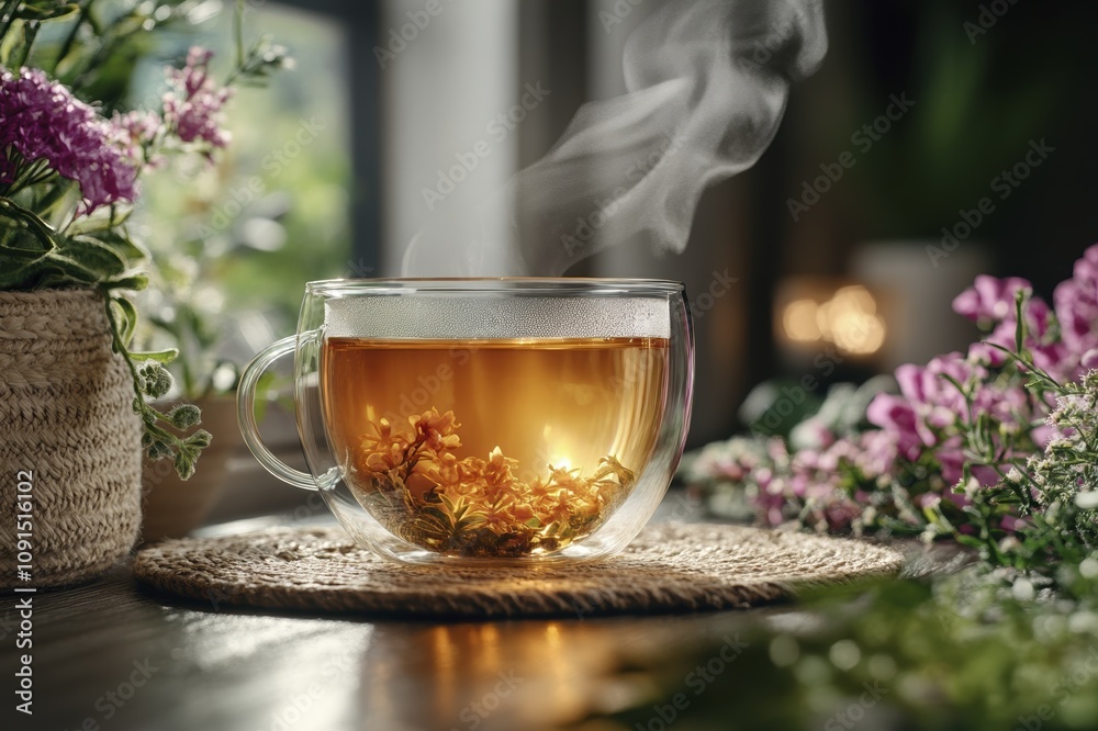 Fototapeta premium Tranquil morning with herbal tea and blossoms by sunlit window