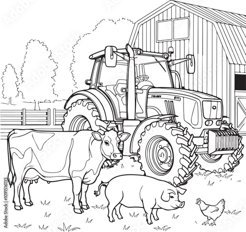 drawing of a farm tractor with domestic animals in front of a barn, vector