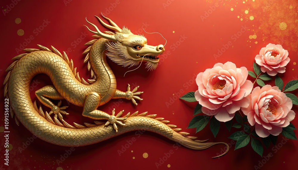 Fototapeta premium Golden dragon with pink peonies on red background representing Chinese New Year, copy space
