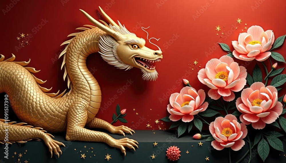 Fototapeta premium Golden dragon with pink peonies on red background representing Chinese New Year, copy space