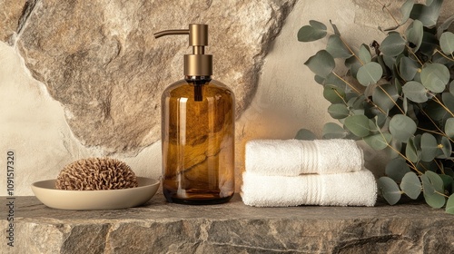 Amber glass soap dispenser elegantly situated on a textured stone surface, paired with a natural loofah, white towels, and fresh eucalyptus leaves for a serene bathroom ambiance.