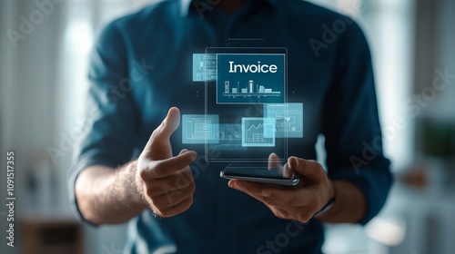 Wallpaper Mural Man in a shirt interacts with the projection of the word "Invoice" Torontodigital.ca