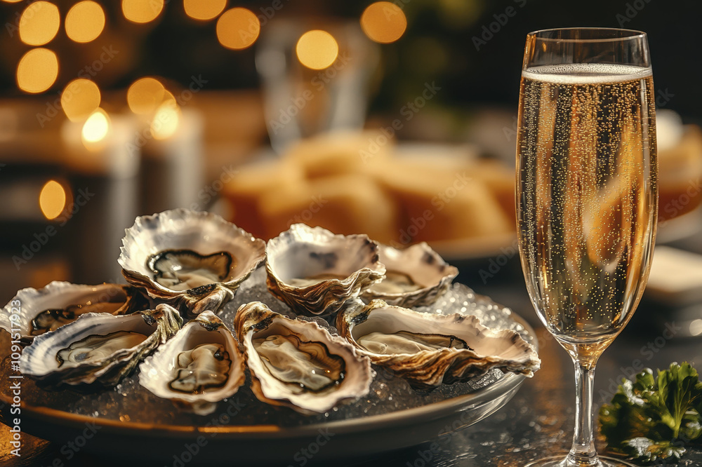 Fototapeta premium Elegant dining with fresh oysters and sparkling champagne celebrating in style