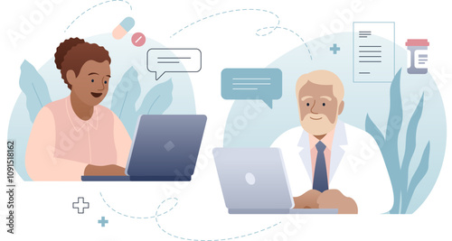 Online doctor appointment. Telehealth isolated illustration. Woman patient and man therapist with prescription. Medical consultation with physician. Healthcare service through laptop.