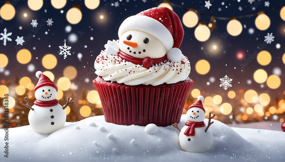Fototapeta premium Red cupcake with snowman decoration on a snowy background