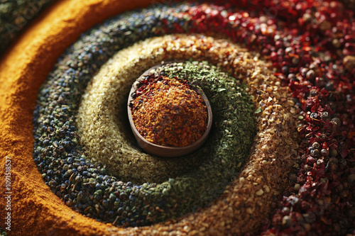 Vibrant display of assorted spices and herbs in wooden bowl for culinary inspiration photo