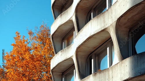 The facade of a brutalist building towers beside a tree with autumn foliage. The architectural starkness contrasts beautifully with nature's vibrant fall colors. photo