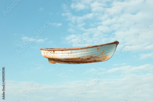 An ancient-looking rustic boat appears to levitate smoothly amidst a backdrop of clear sky, evoking a sense of journey and imagination. photo