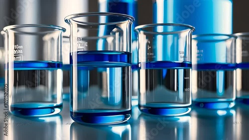 Laboratory Beakers with Blue Liquid on Reflective Surface

 photo