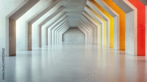 Wallpaper Mural This image features a long hallway with vivid hues ranging from red to yellow, and a geometric architectural design, creating an intriguing abstract pattern. Torontodigital.ca