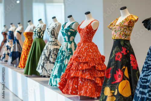 A line-up of vibrant and patterned vintage-style dresses showcased on mannequins against a bright backdrop in a fashion exhibition setting.