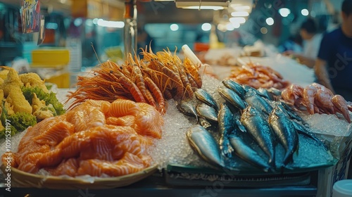 Variety of Fresh Fish and Seafood Displayed on Ice with Assorted Ingredients in Vibrant Market Environment, Showcasing Colorful Salmons, Shellfish, and Other Sea Delicacies photo