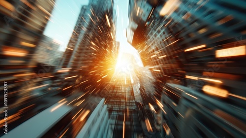 A dynamic, blurred cityscape captures a magnificent sunburst effect, enhancing the bustling and energetic ambiance of urban life under city skyscrapers.