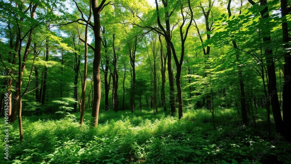 Obraz premium Lush green forest with tall trees and sunlight filtering through the canopy, serene, lush