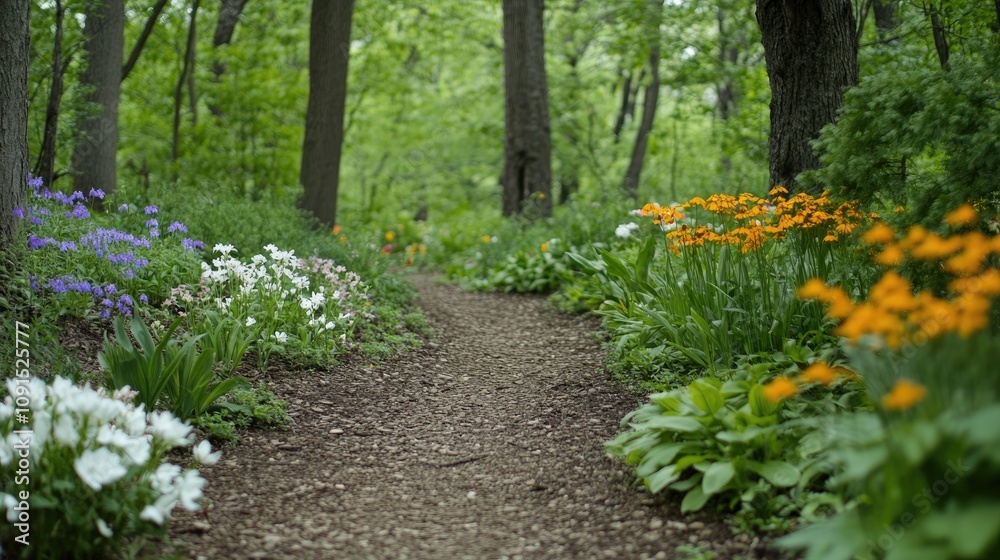 Rustic woodland path meandering through vibrant wildflowers in shades of orange, purple, and white, surrounded by lush greenery and tall trees creating a serene nature escape. Rustic woodland path meandering through vibrant wildflowers in shades of orange, purple, and white, surrounded by lush greenery and tall trees creating a serene nature escape.