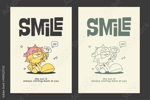 Groovy poster with a trendy cartoon sun character smiling , vector illustration