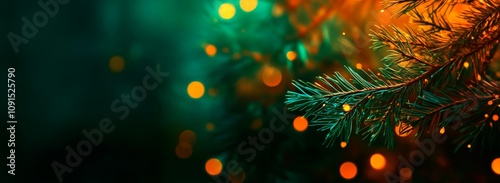 Abstract christmas background with christmass dark green needle branch with orange blured lights, copy space for text