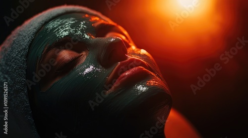 Serene beauty salon scene showing a close-up of a woman relaxing with a green facial mask applied, illuminated by a warm, soft light in a tranquil setting. photo