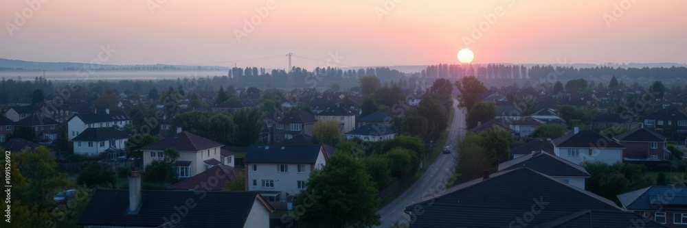 Fototapeta premium Peaceful suburban morning with soft light illuminating houses, houses, peaceful